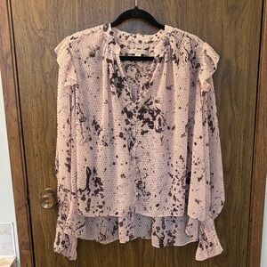 AllSaints Pink Textured Floral-Print Ruffle Long-Sleeve Blouse